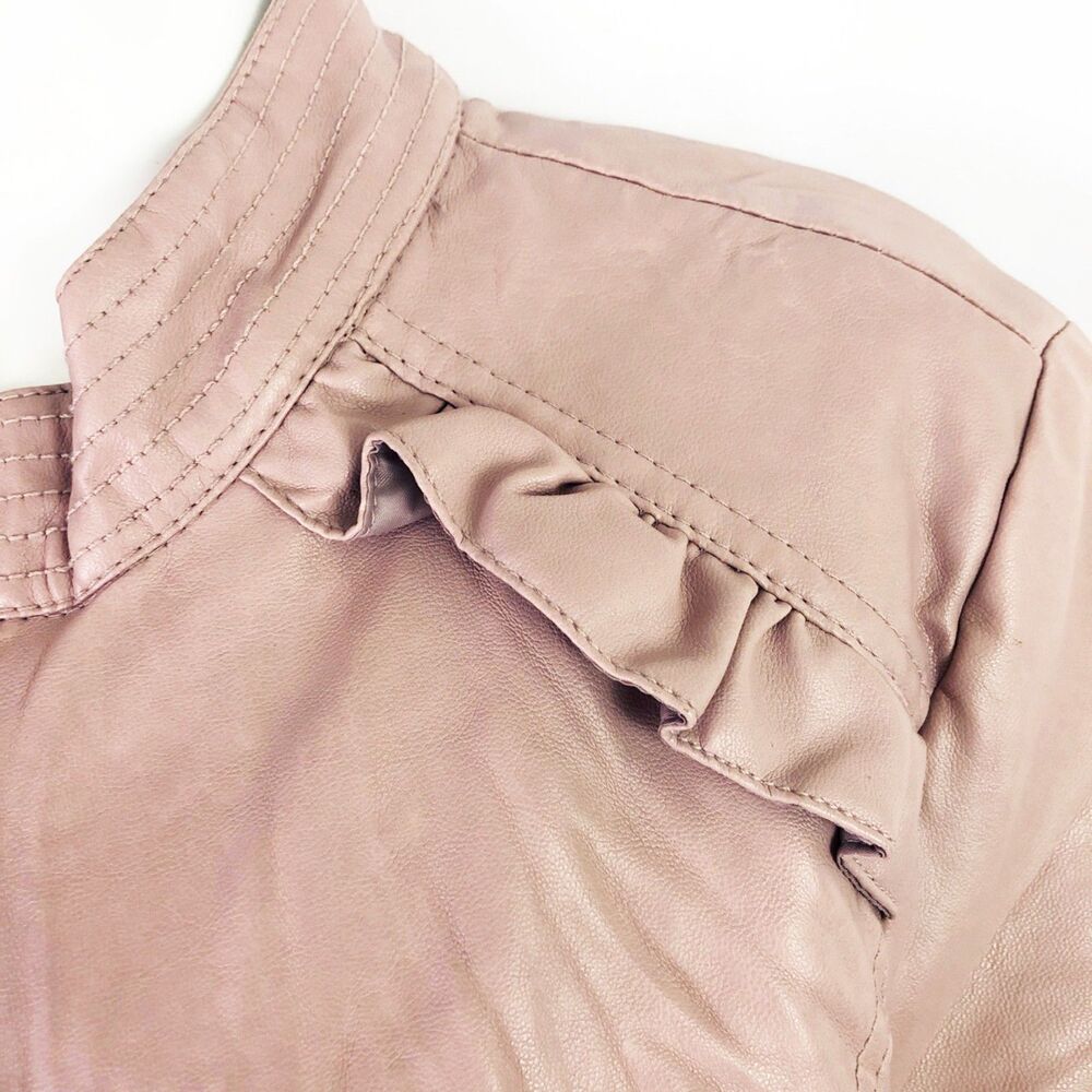 Heart Soul Dusty Mauve Moto Jacket (L) Pink Vegan Leather Ruffle Trim Biker Coat - Picture 3 of 13